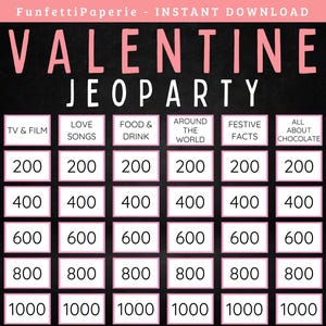 Valentinstag Jeoparty Spiel, druckbares Valentinstags-Partyspiel für Jugendliche und Erwachsene, Valentinstag-Trivia, Familienspielabend, Galentinstag