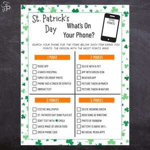 St Patrick's Day What's On Your Phone | Printable St. Patrick's Day Party Game for Kids, Adults, & Family