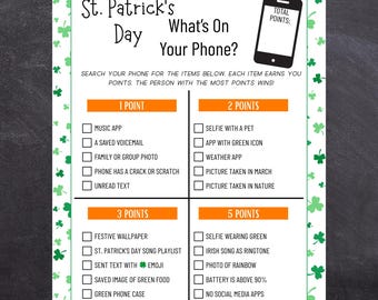 St Patrick's Day What's On Your Phone | Printable St. Patrick's Day Party Game for Kids, Adults, & Family