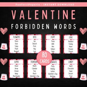 Valentinstag verbotene Wörter, druckbares Valentinstags-Partyspiel für Gruppen, Tabu-Stil-Spiel für Kinder und Erwachsene, Familienspieleabend, Klassenzimmer