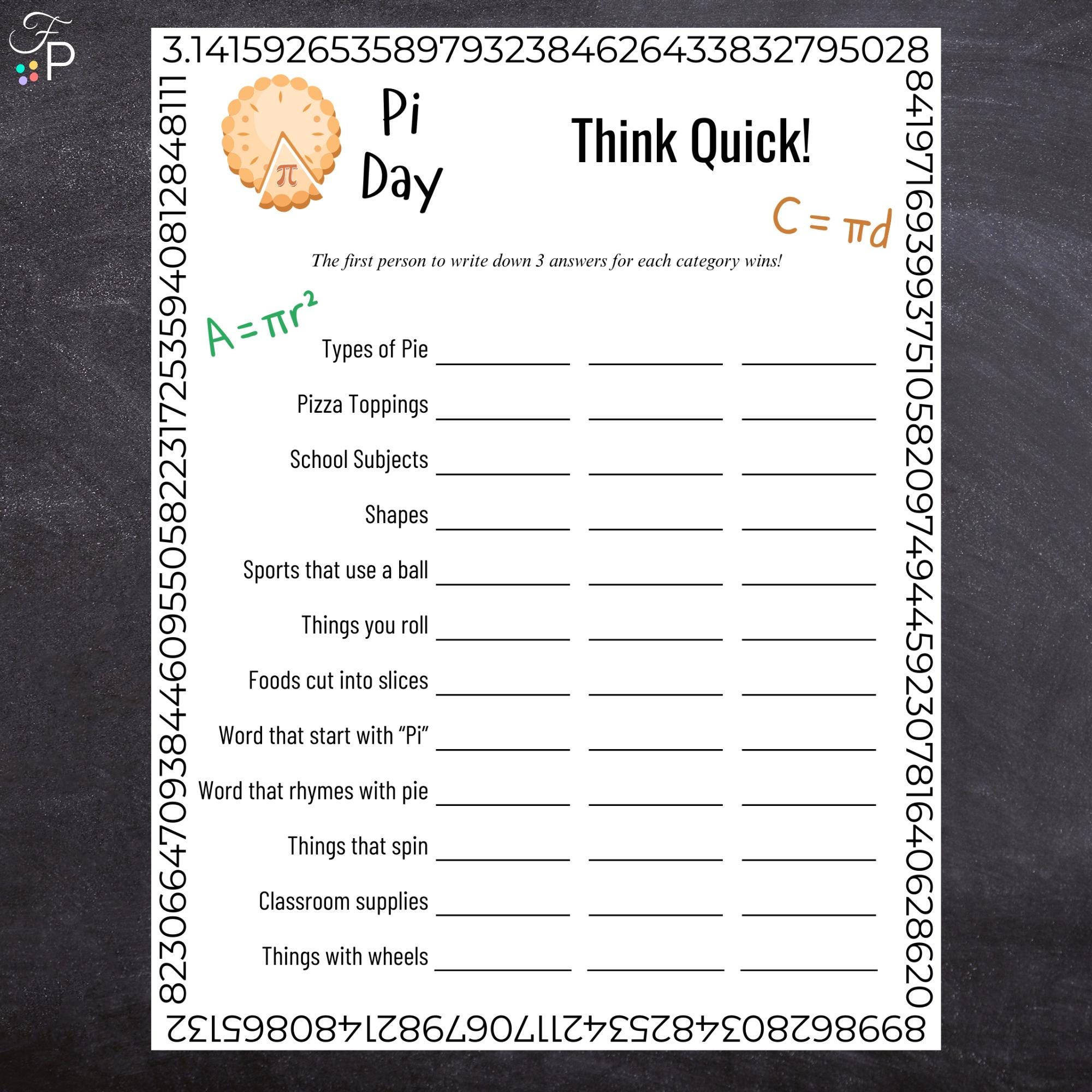 Pi Day Think Quick Game | Printable Pi Day Party Activity for Kids ...