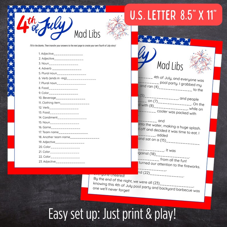 4th of July Mad Libs Game - No Prep Printable Party Game Funny Family ...