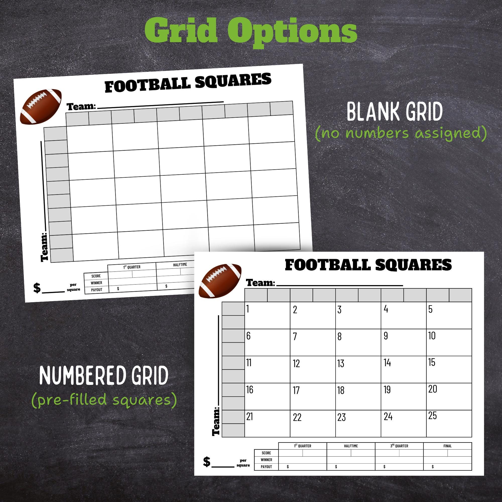 Small Football Pool Football Squares 25 Grid - Simple Game Day Pool for Small Parties - No ...