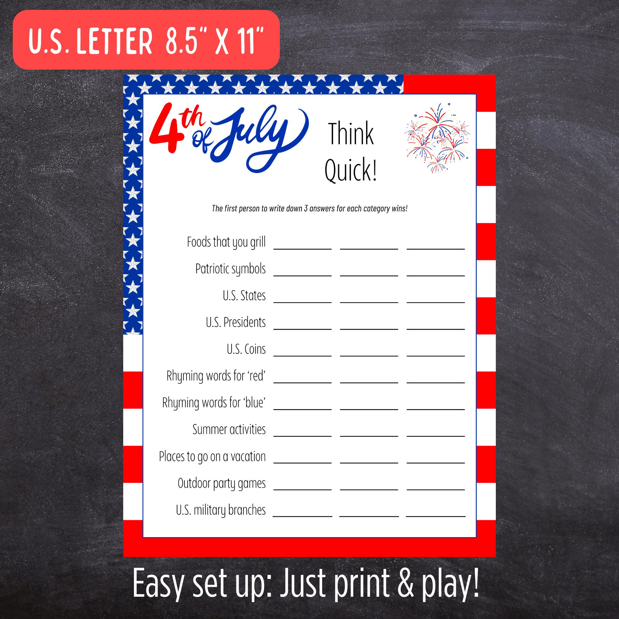 4th of July Think Quick Game - No Prep Fast Thinking Party Game ...