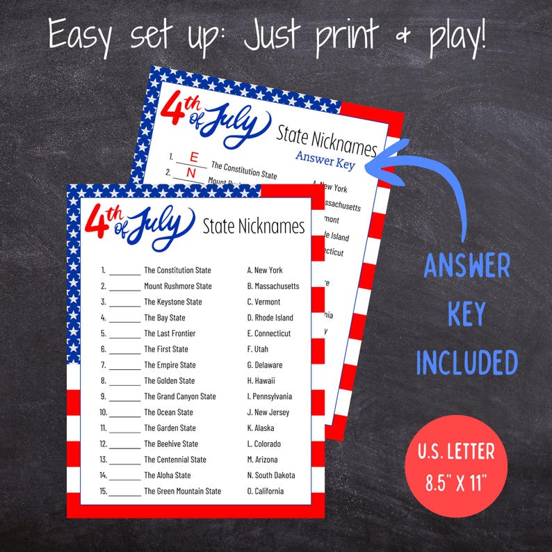 4th of July State Nickname | Printable Fourth of July Trivia Game for ...