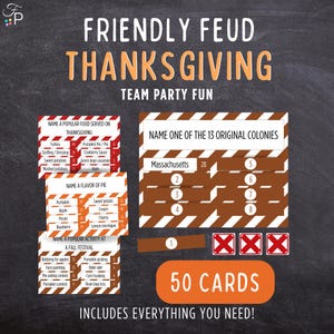 Op de afbeelding: Thanksgiving-thema gezelschapsspel met kaarten. Het spel bevat kaarten met vragen als "Noem een populair gerecht dat wordt geserveerd op Thanksgiving" en "Noem een van de 13 originele koloniën". Het spel bevat 50 kaarten.