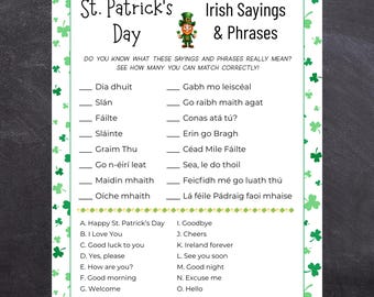 Refranes y frases irlandesas del Día de San Patricio / Juego de trivia imprimible del Día de San Patricio para niños, adultos y familias