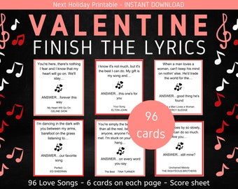 Valentine Finish the Lyrics | Name the Love Song Game | Printable Valentines Day Game for Adults and Kids | Love Song Music Quiz