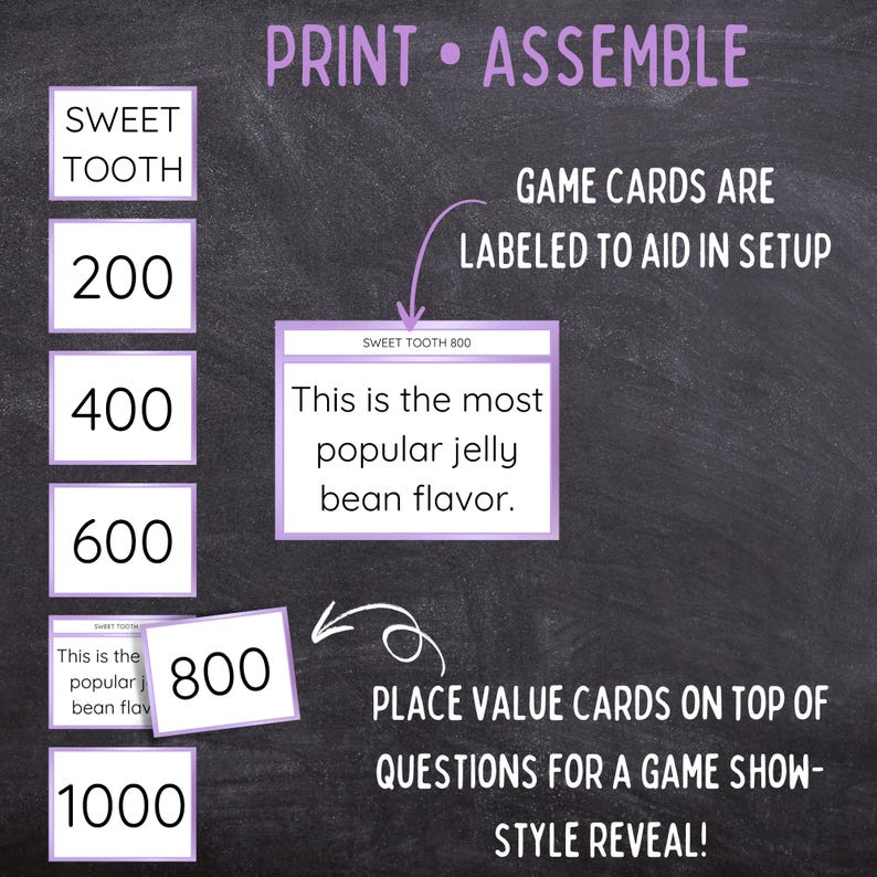 Puede incluir: Un conjunto de tarjetas de juego imprimibles con fondos blancos y bordes morados. Las tarjetas incluyen el texto PRINT &bull; ASSEMBLE, n&uacute;meros del 200 al 1000 y preguntas como This is the most popular jelly bean flavor. Flechas indican instrucciones.
