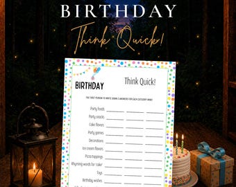 Birthday Think Quick Game Printable, Birthday Party Game, Fun Group Activity, Family Game, Classroom Birthday Game, Instant Download
