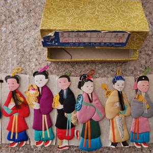 Adorable Vintage Bookmarks, Ornaments of Eight Immortals (八仙）Chinese Folk Art, Silk Paper Doll, Chinese Mythology