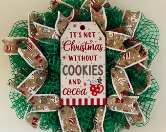 Christmas Wreaths for front door, Deco Mesh Christmas Wreath, Christmas Decoration, Holiday Decor, Hot Cocoa, Cookies