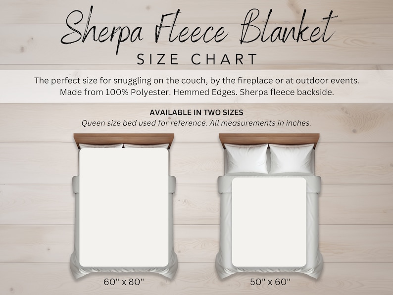 May include: Two sherpa fleece blankets on a queen-sized bed. The larger blanket is 60 inches by 80 inches. The smaller blanket is 50 inches by 60 inches.  Sherpa fleece blanket size chart.