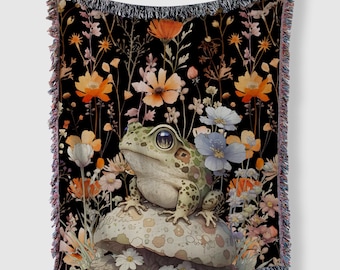 Cottagecore Frog Woven Blanket: Mushroom & Wildflower Tapestry
