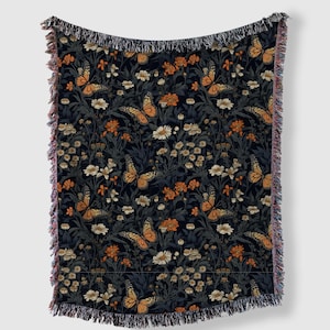 Monarch Butterfly Woven Blanket, Cottagecore Throw with Monarch Butterflies, Floral Boho Tapestry Blanket, Cozy Nature-Inspired Decor