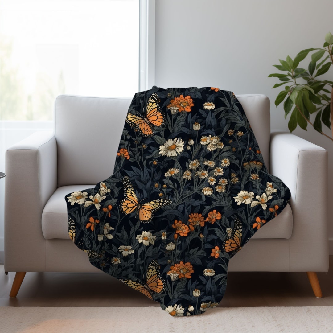 Wildflower and Butterfly Blanket, Cottagecore Monarch Floral Blanket