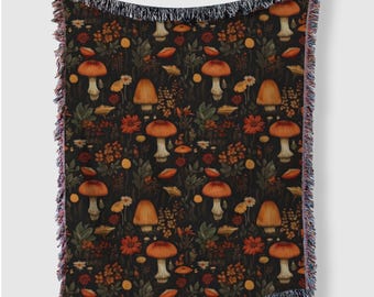 Cozy Mushroom Woven Blanket, Botanical Fall Throw, Cottagecore Decor, Boho Autumn Blanket