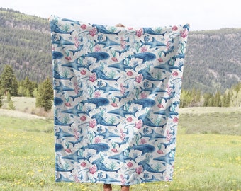 Watercolor Shark Blanket: Ocean Nursery Decor, Velveteen or Sherpa Fleece