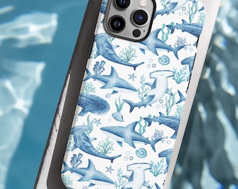 Ocean Sharks iPhone Case: Blue Watercolor Shark Pattern, MagSafe Compatible
