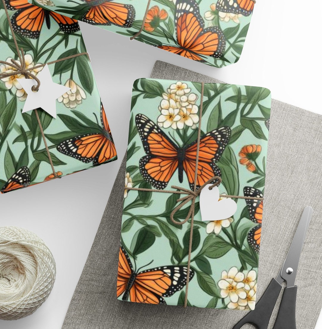 Monarch Butterfly Floral Wrapping Paper. Matte/glossy Finish. 2 Sizes