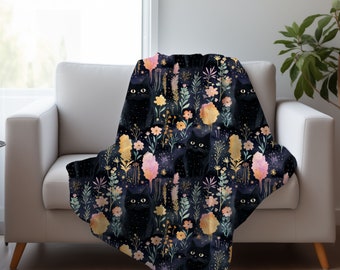 Black Cat Blanket: Boho Floral Velveteen Plush or Sherpa Fleece Throw