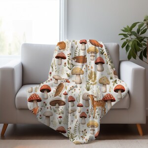 Mushroom blanket, Cottagecore mushroom blanket with forest creatures, mushroom gift, cottagecore decor, comfy Mushroom and animal Blanket