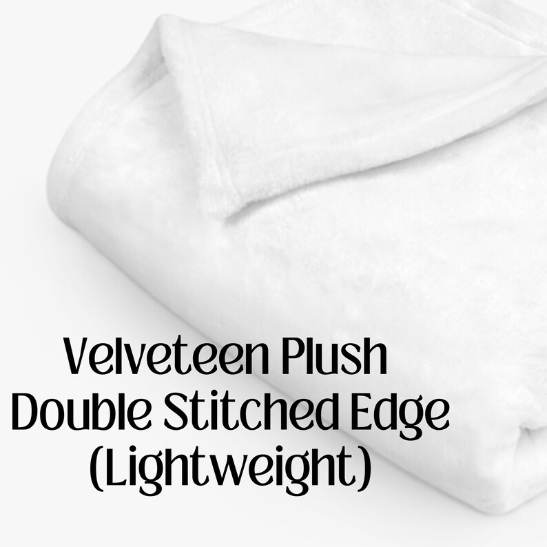 May include: A white, folded, velvety plush blanket with a double stitched edge. The blanket is lightweight.