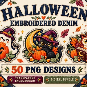 Peut inclure: Une collection numérique de 50 motifs en jean brodé sur le thème d'Halloween avec un fantôme, une citrouille, un chat noir, un croissant de lune et un hibou lisant un livre. Le texte indique HALLOWEEN EMBROIDERED DENIM et 50 PNG DESIGNS.