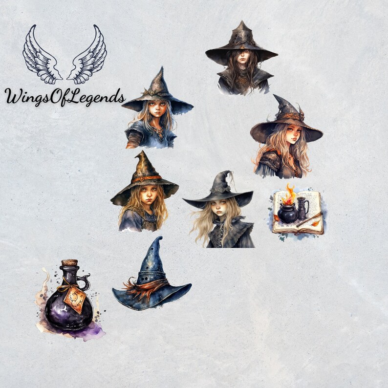 Medieval Witch PNG Clipart Bundle Watercolor Printable Witches Graphics for Sublimation Little ...