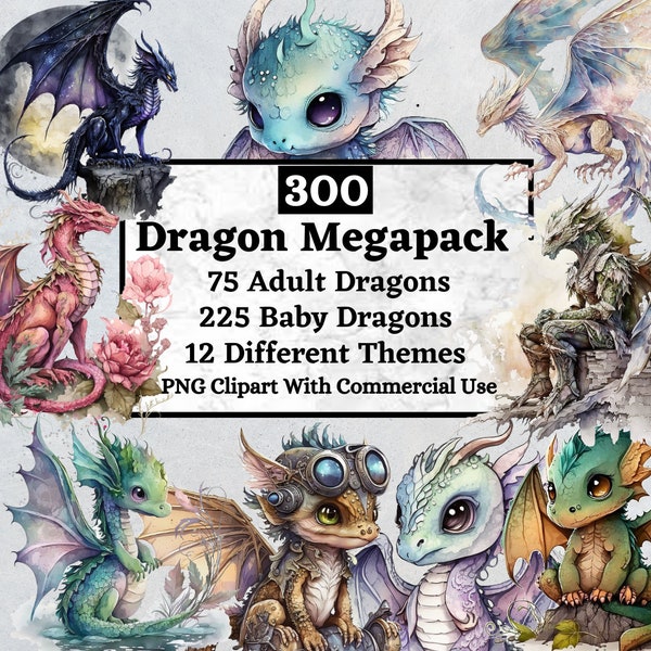 300 Dragon Clipart PNG Mega Pack Watercolour Baby & Adult Dragons For Sublimation Nursery Dragon Art Printable With Full Commercial Use