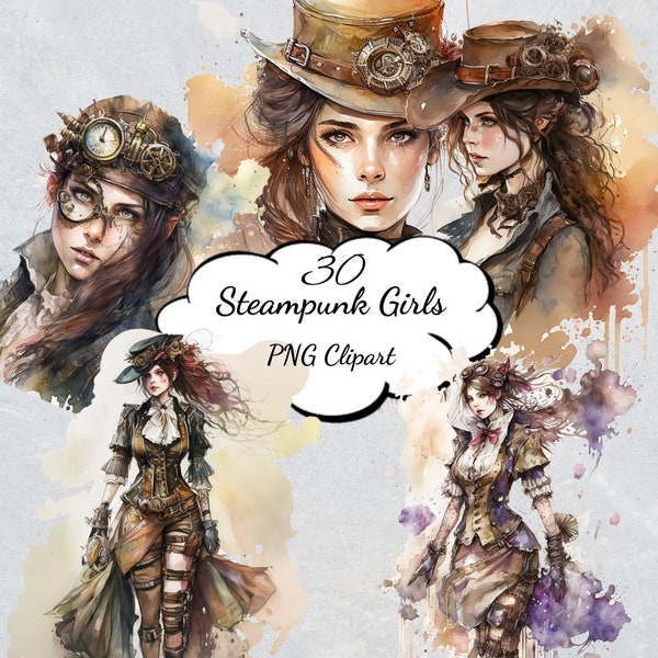 Steampunk Girls ClipArt PNG, Watercolor Romantic PNG, Girl Cowboy Victorian Bundle, Ranger Fantasy, Commercial Use, Instant Digital Download