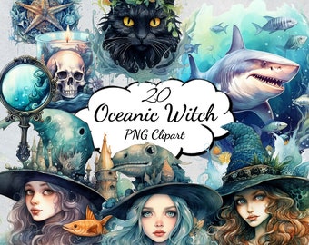 Oceanic Sea Witch PNG Clipart Bundle Watercolor Printable Witches Graphics for Sublimation Ocean Nursery Canvas Wall Art Digital Download