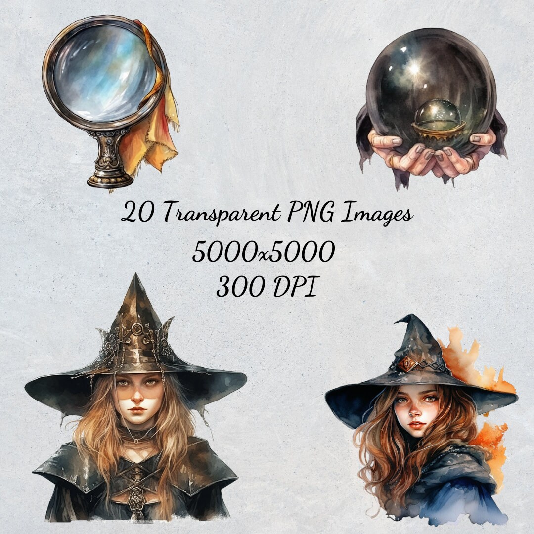 Medieval Witch PNG Clipart Bundle Watercolor Printable Witches Graphics for Sublimation Little ...