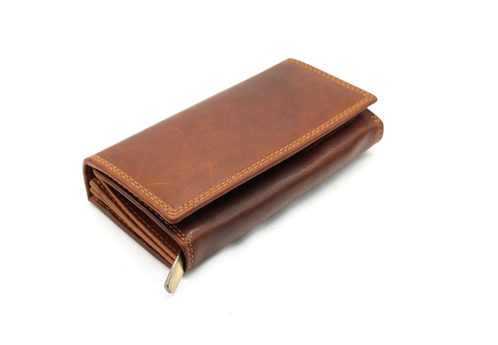 Kleines Leder Portemonnaie mit Knopfverschluss - cognac