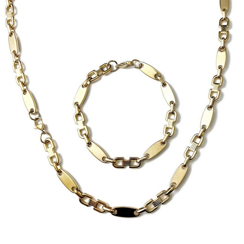 Plate chain set stainless steel 60 cm 4 mm to 10.5 mm Cuban necklace bracelet plate chain Gold