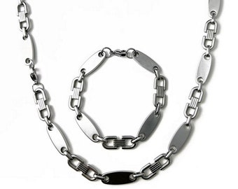 Plate chain set stainless steel 60 cm 6 mm to 10 mm Cuban necklace + bracelet plate chain