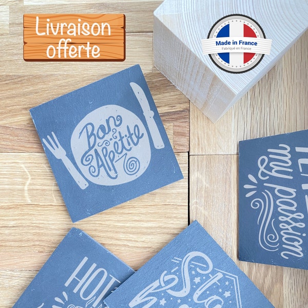 Sous-tasse/Sous-verre d'ardoise personnalisé/Gravure laser/Cadeau fin d'année/Café/thé/Cadeau anniversaires/Maitresse/Cadeau Noël/Rugby