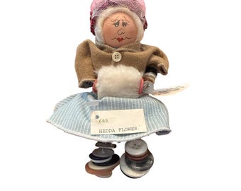 Sono una bambola Button Dollie Hedda Flower Doll OS Blu Marrone 1992 Vintage fatta a mano