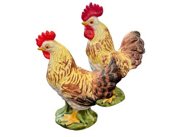 Statuette vintage in ceramica Lefton raffiguranti gallo e pollo, modello H 2396, provenienti dal Giappone.