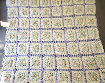 Vintage 40s 50s Crochet Pastel Flower Granny Square Throw Quilt Blanket 74X68