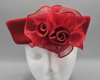 Vintage Church Derby Fascinator Hat VTG Red Wool Netting Feathers One Size S/M
