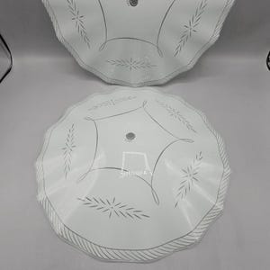 Vintage Pair (2) 14" MCM Glass Ceiling Lights Round Diffuser Shade Etched