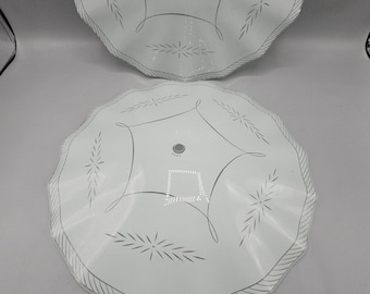 Vintage Pair (2) 14" MCM Glass Ceiling Lights Round Diffuser Shade Etched