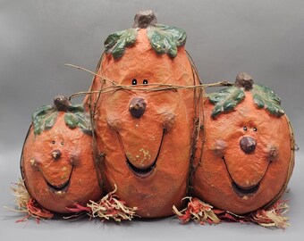 Vintage Halloween Paper Mache Pumpkin Trio Fall Harvest Rustic Stems Smiley