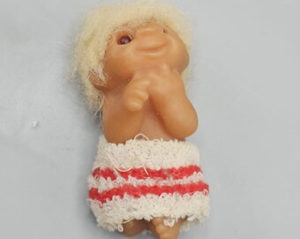 Vintage 1985 Dam Baby Toddler Troll Doll White Red Pants Yellow Hair