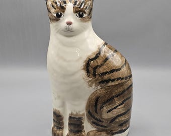 Vintage  Ceramic Flat Tabby Wirehair Cat Statue 10" Folkart Grandmacore Cottage