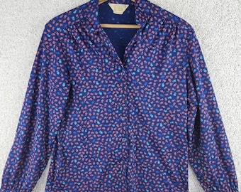 Camisa vintage Sears Blue Tulip Perma Prest com botões, tamanho G (29), estampa total dos anos 70.