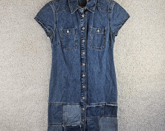 Vintage 90s Y2K Faded Glory Patchwork Flower Button Denim Skirt Boho Fringe Sz 3
