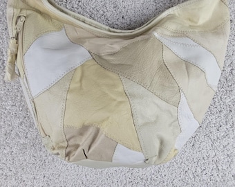 Vintage Leather Patchwork Beige/White Hobo Shoulder Bag Purse