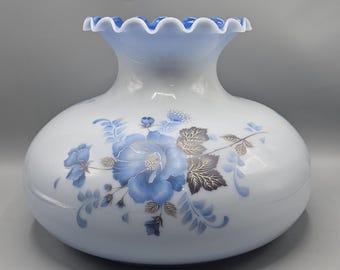 Vintage 10" XL Hand Painted Blue Floral Hurricane Milk Glass GWTW Lamp Shade